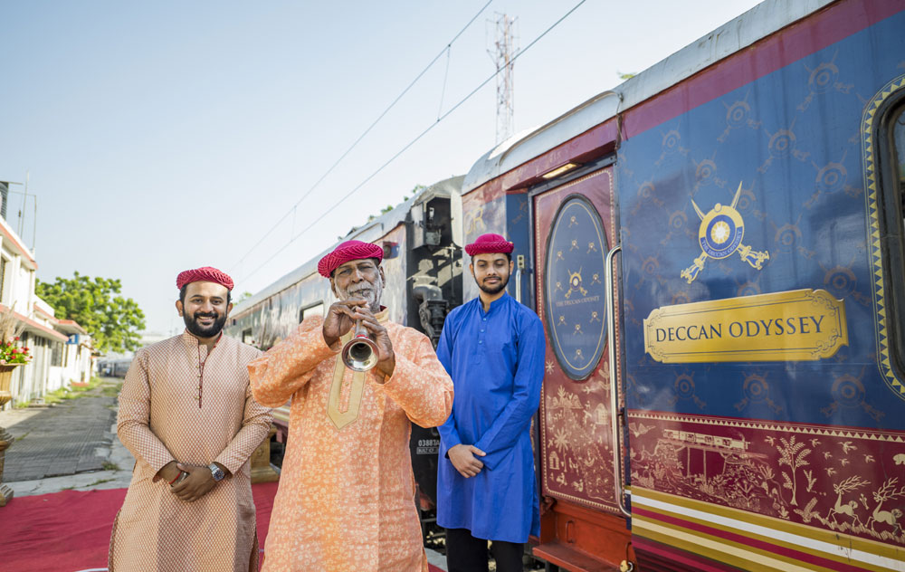 The Deccan Odyssey in its distinctive blue-and-maroon livery