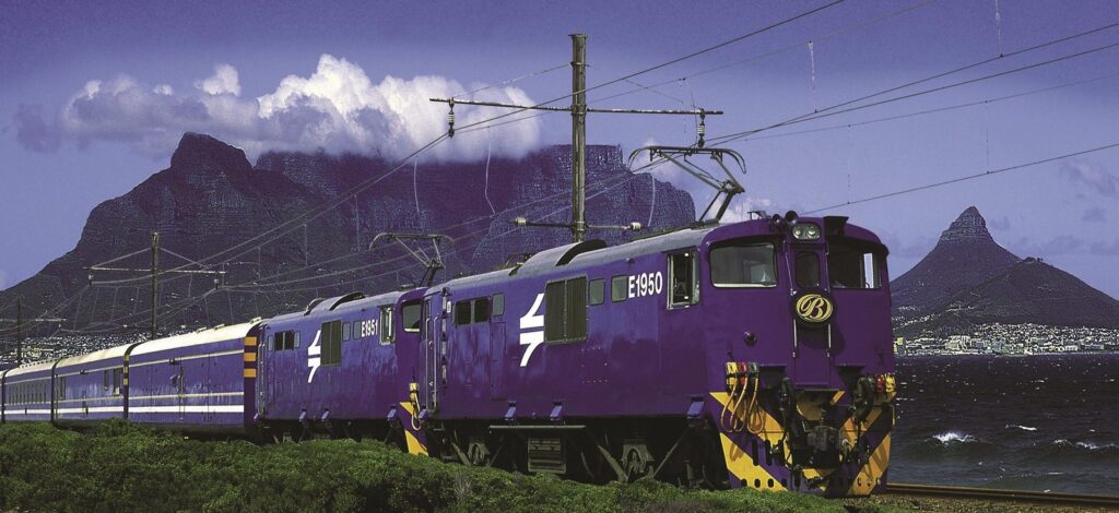 The Blue Train against a Table Mountain backdrop