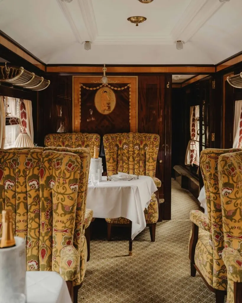Marquetry-panelled British Pullman carriage set for lunch