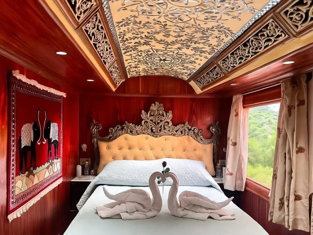 Cabin with red walls and carved ceiling