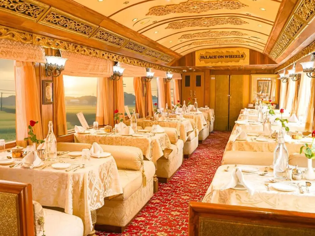 Long dining car with gilded ceiling